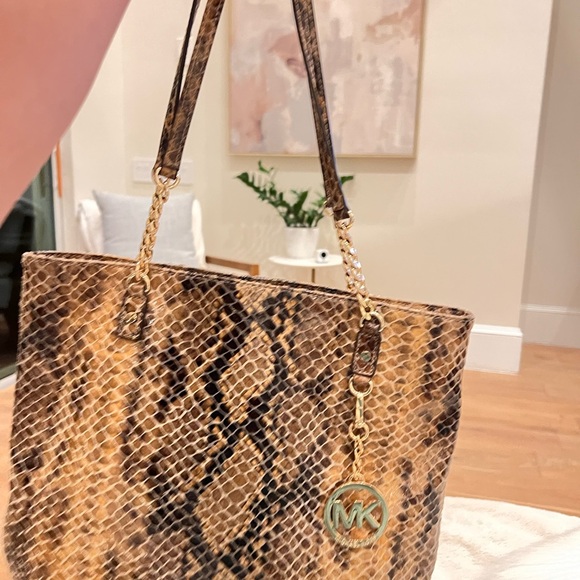 Michael Kors Python Embossed Suede North South Tote Bag - Gold Chain Detail - Picture 5 of 5